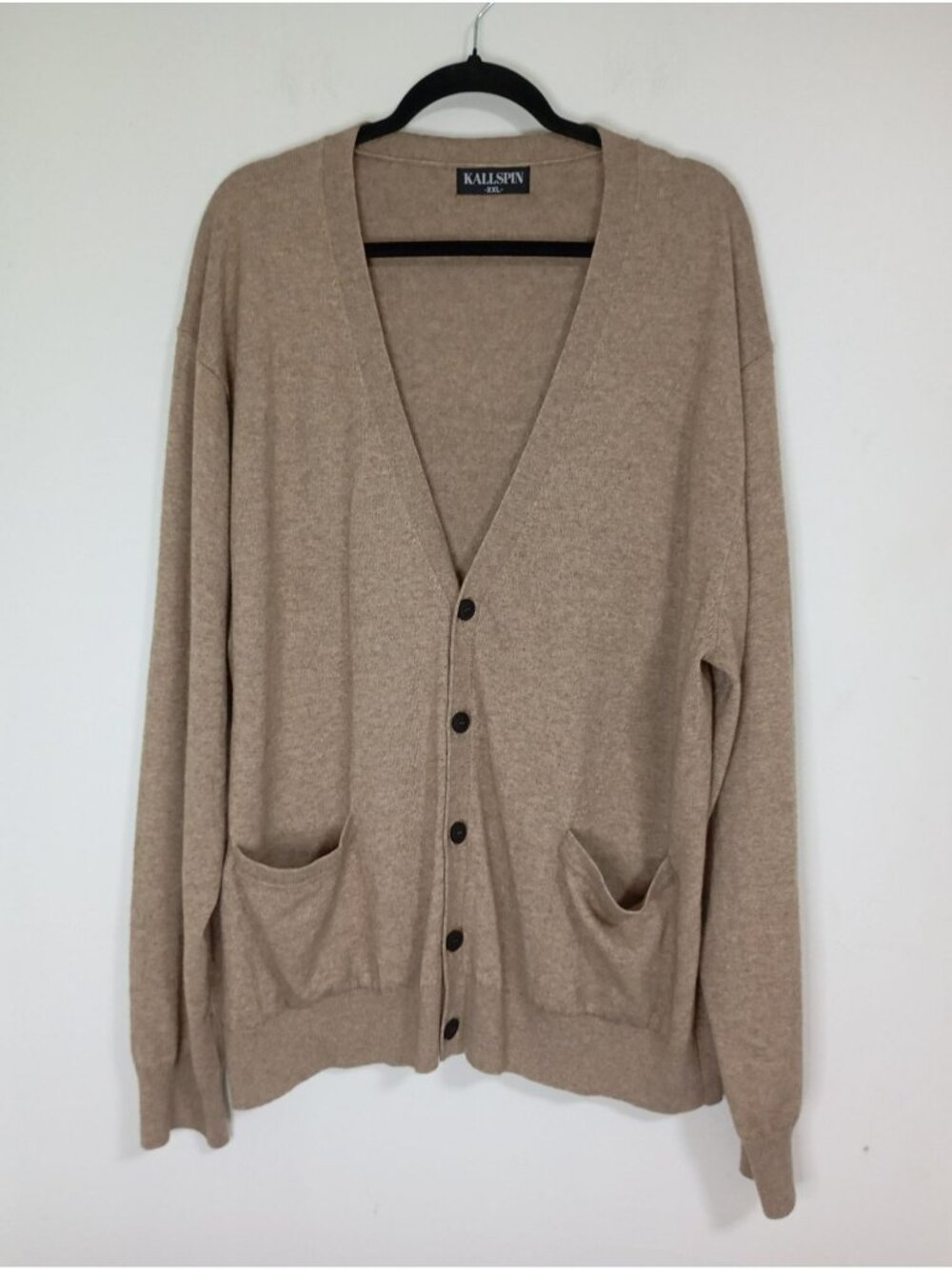 Kallspin Mens Beige Cardigan XXL Cashmere Wool Blend Button-Up With Pockets